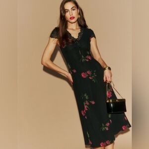 Reformation Tiffie Dress In Le Marais Black with Rose Print & Lace Detailing